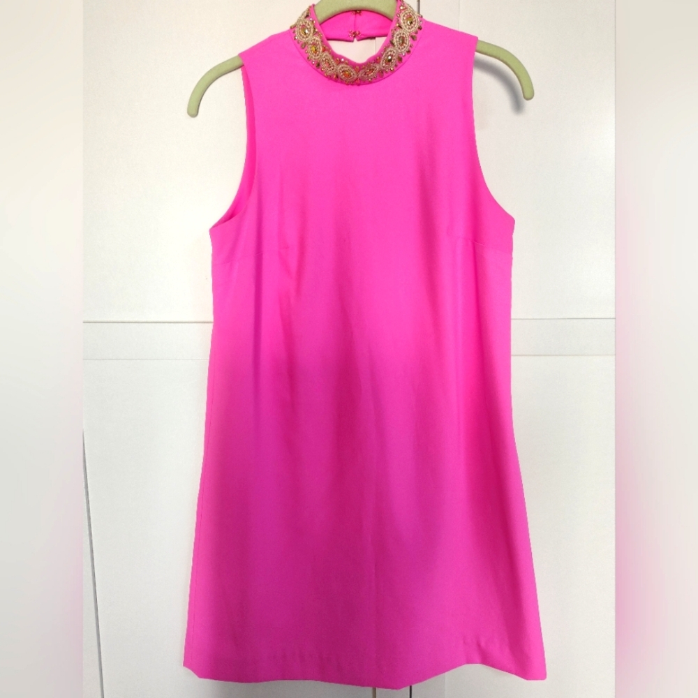 Lilly Lilli Pulitzer - Hot Pink Mock Jeweled Neck Shift Dress Sz 0 Unworn Cond…